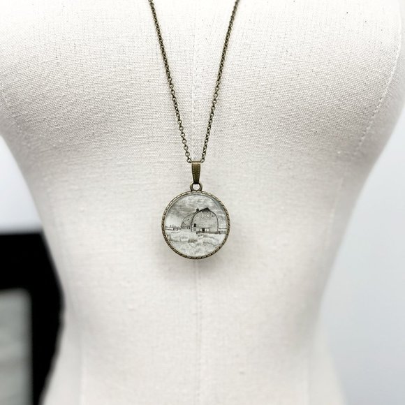 Country Life Barn Landscape Necklace / Handmade Wearable Art Pendant - Picture 5 of 11